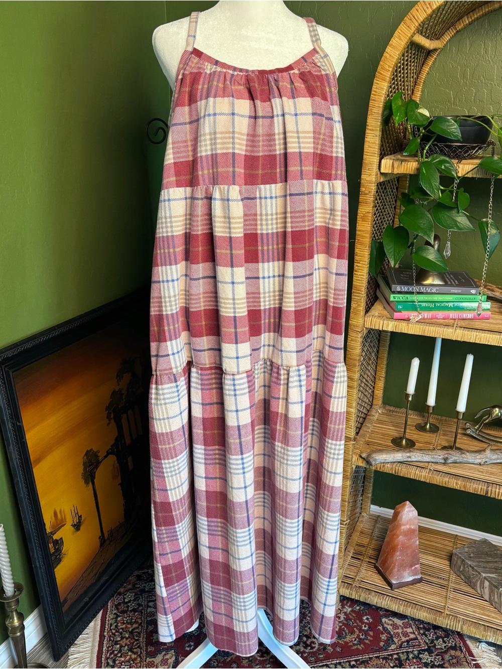 Tiered Plaid Adjustable Strap Handmade Thrifted Muted Plaid Midi Dress